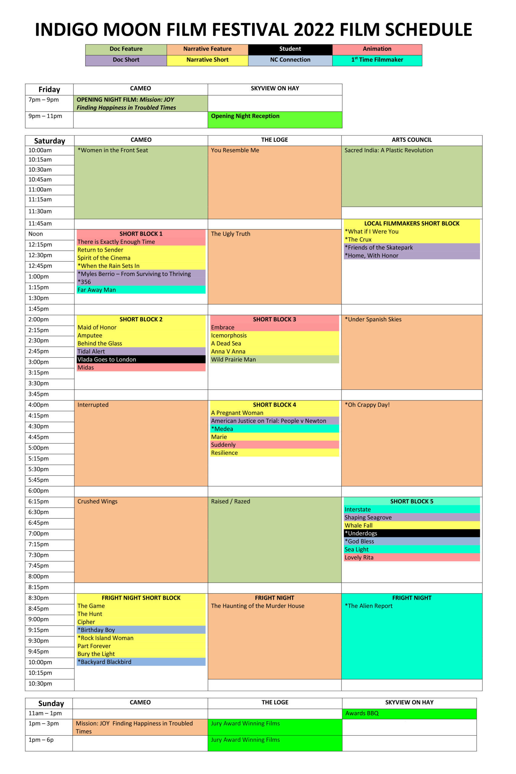 Full Schedule of Films - Indigo Moon Film Festival